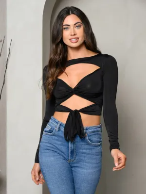 WOMEN'S LONG SLEEVE TIE FRONT CUT OUT CROP TOP
