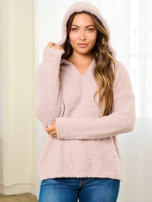 WOMEN'S LONG SLEEVE V-NECK HOODED PULLOVER SWEATER