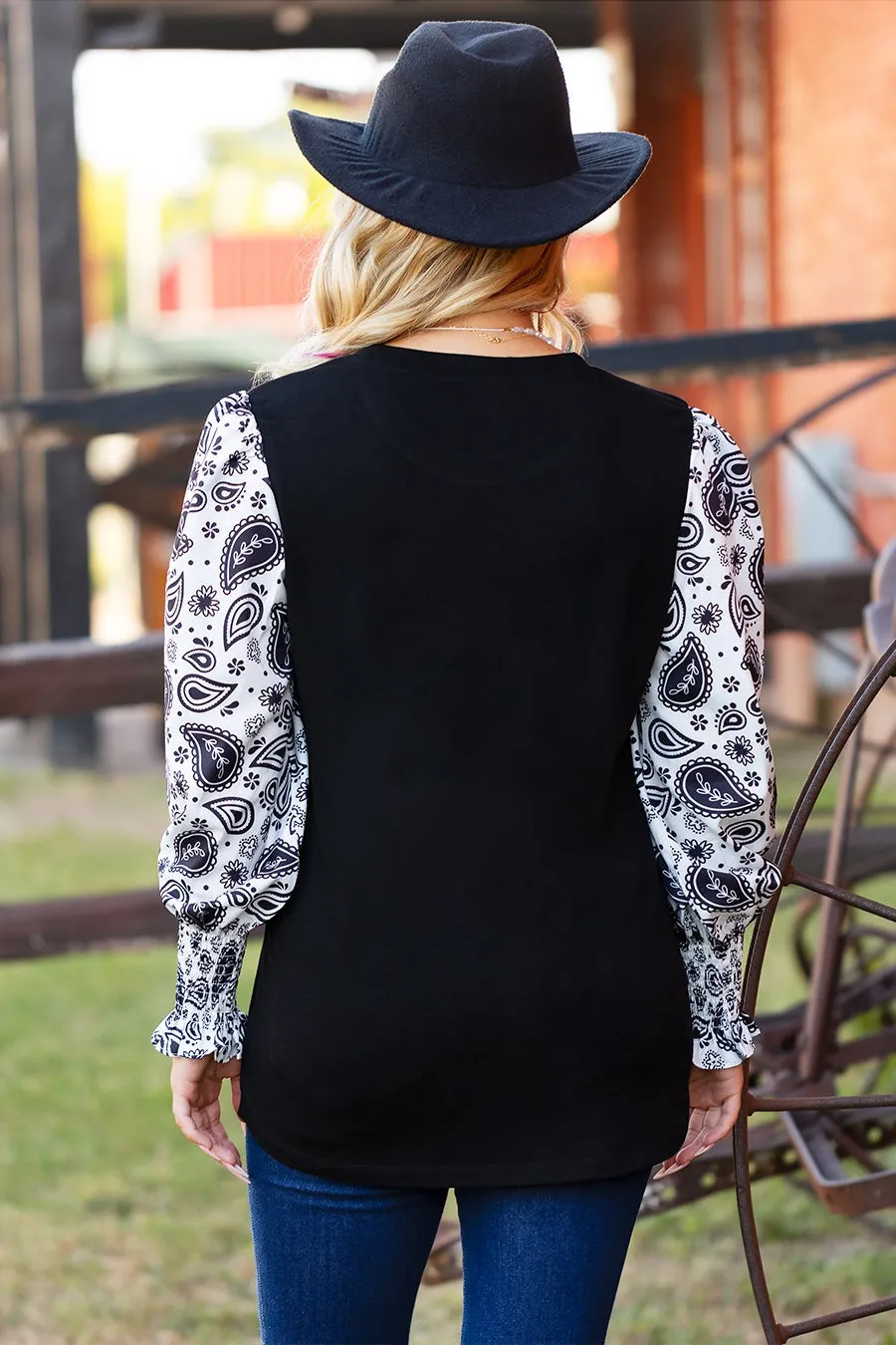 Women's Paisley Print Bubble Sleeve Top
