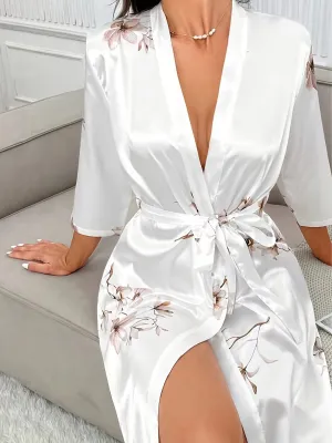 Women's Satin Floral Print Kimono Bathrobe - Elegant Loose Fit, Three Quarter Sleeve, Autumn-Inspired Design, Soft and Comfortable Lounge Robe for Relaxation