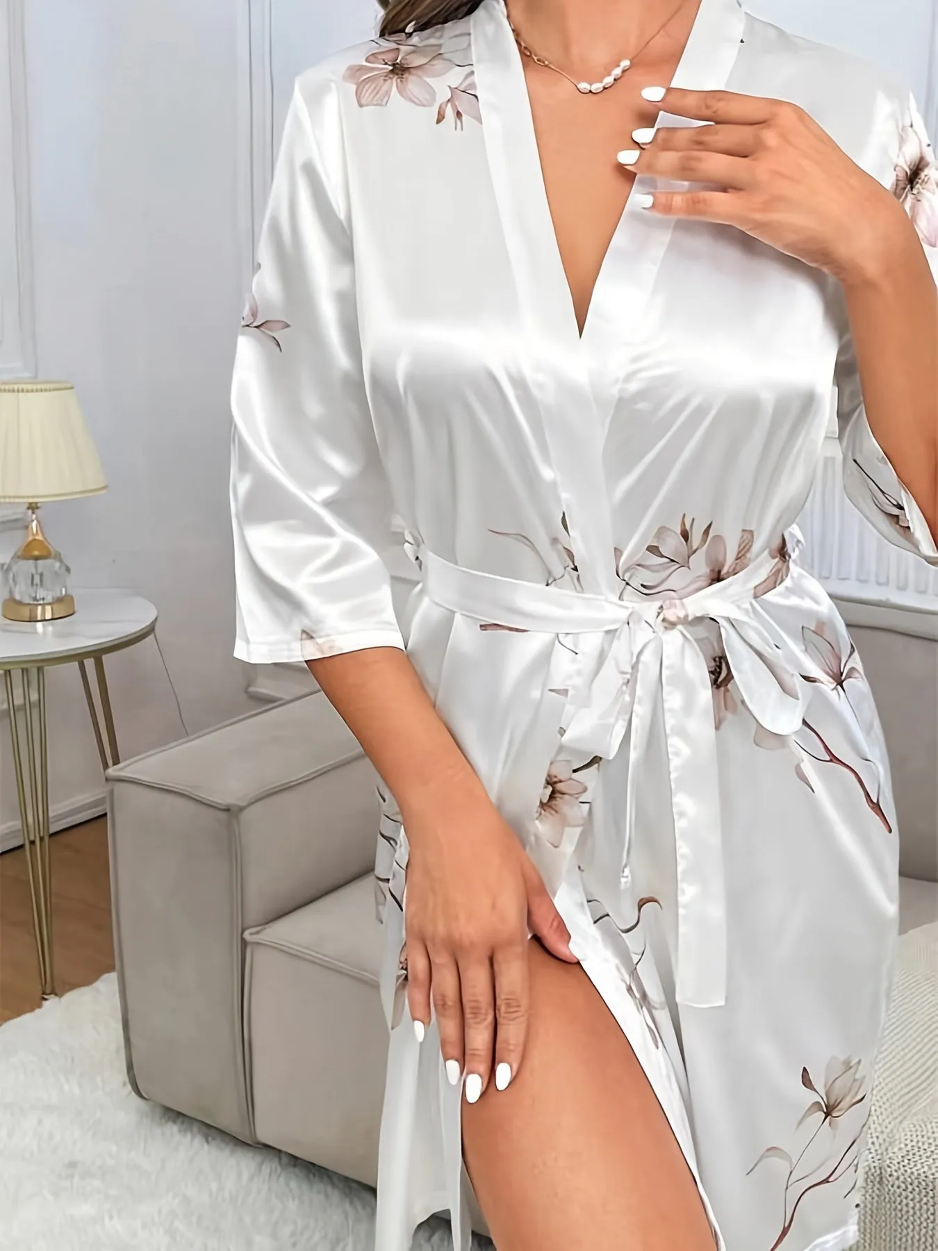 Women's Satin Floral Print Kimono Bathrobe - Elegant Loose Fit, Three Quarter Sleeve, Autumn-Inspired Design, Soft and Comfortable Lounge Robe for Relaxation