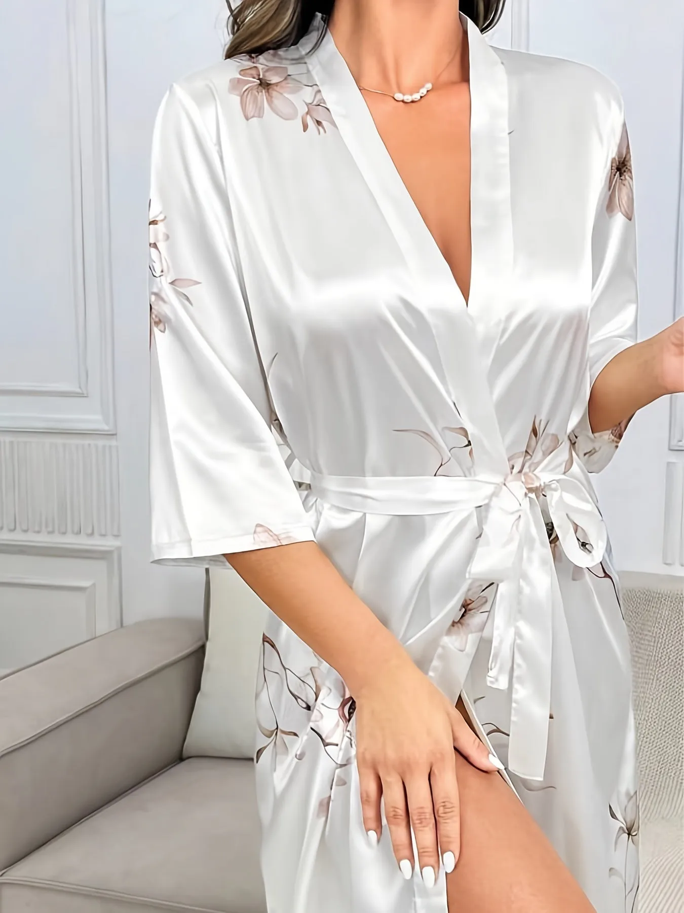 Women's Satin Floral Print Kimono Bathrobe - Elegant Loose Fit, Three Quarter Sleeve, Autumn-Inspired Design, Soft and Comfortable Lounge Robe for Relaxation