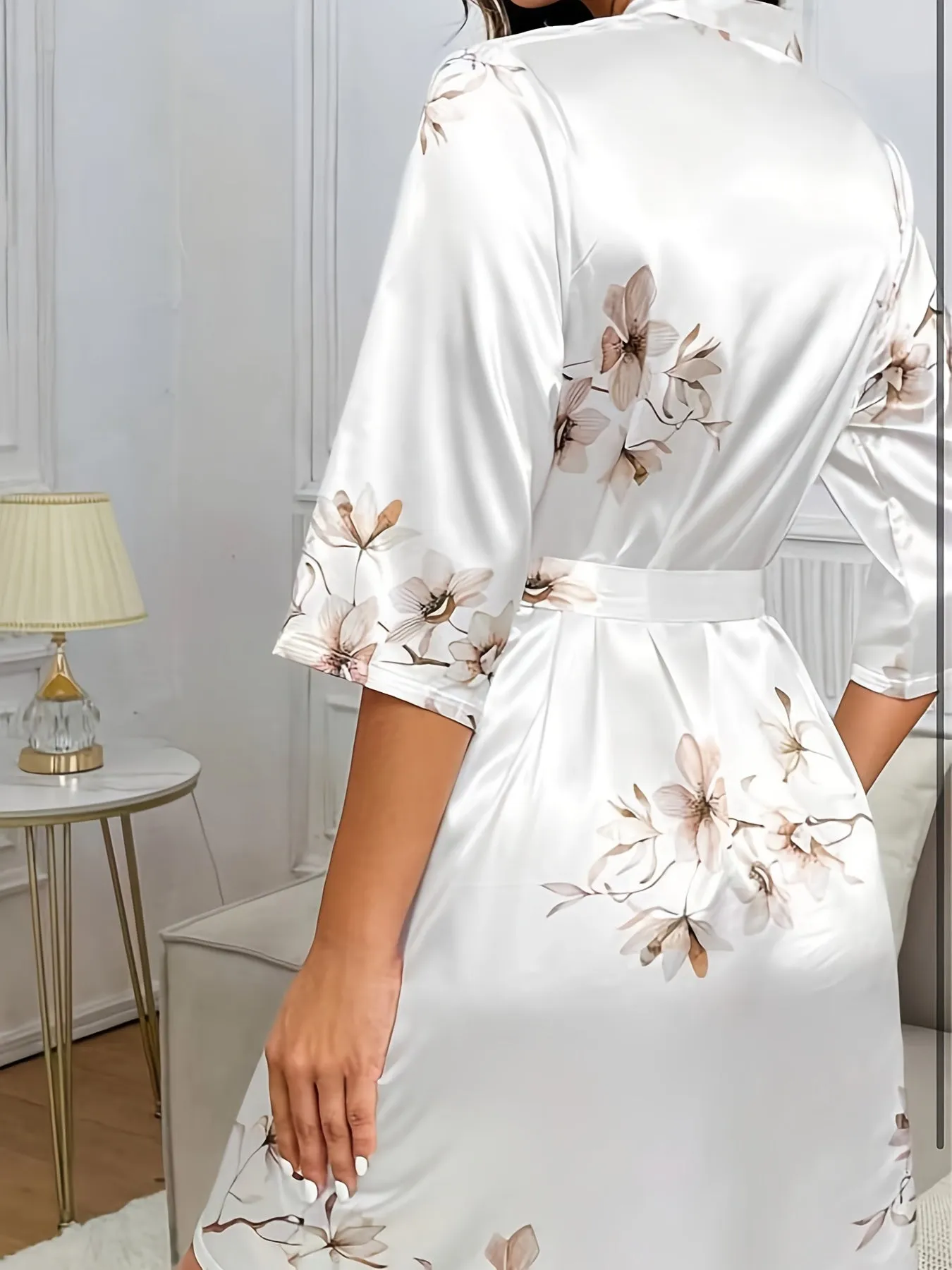 Women's Satin Floral Print Kimono Bathrobe - Elegant Loose Fit, Three Quarter Sleeve, Autumn-Inspired Design, Soft and Comfortable Lounge Robe for Relaxation