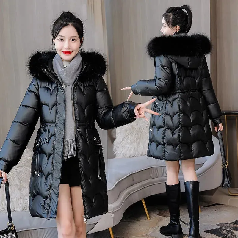 Women's Winter Down Jacket with Fur Collar Hooded Coat Cotton Padded Thick Overcoat