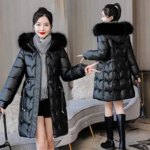 Women's Winter Down Jacket with Fur Collar Hooded Coat Cotton Padded Thick Overcoat