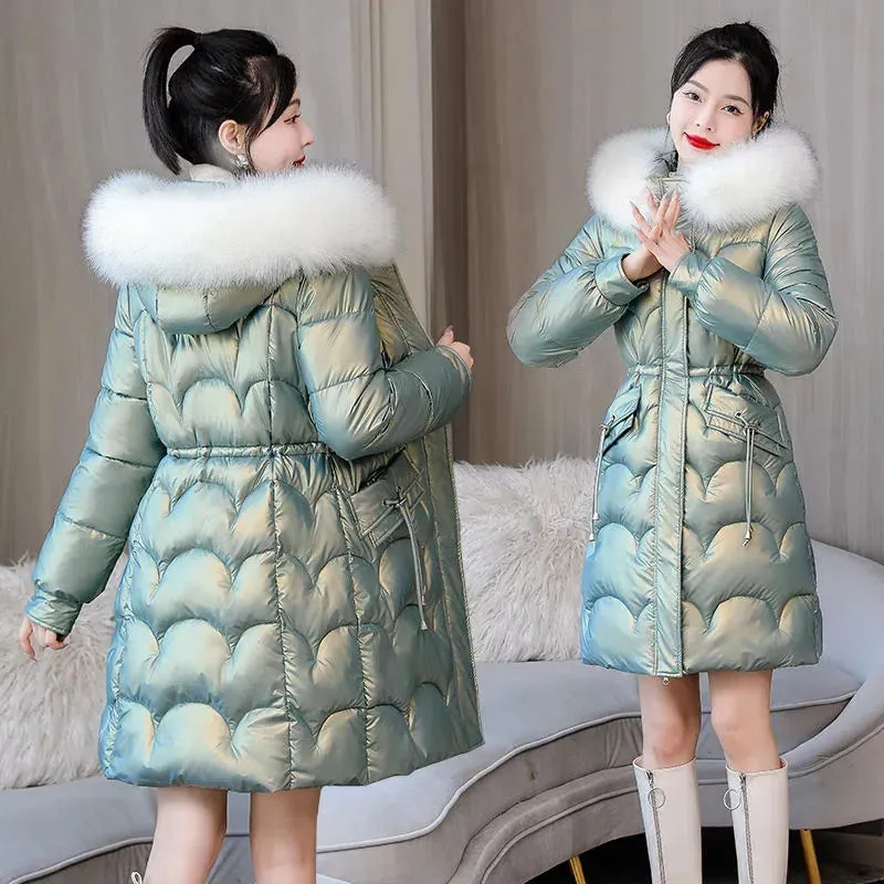 Women's Winter Down Jacket with Fur Collar Hooded Coat Cotton Padded Thick Overcoat