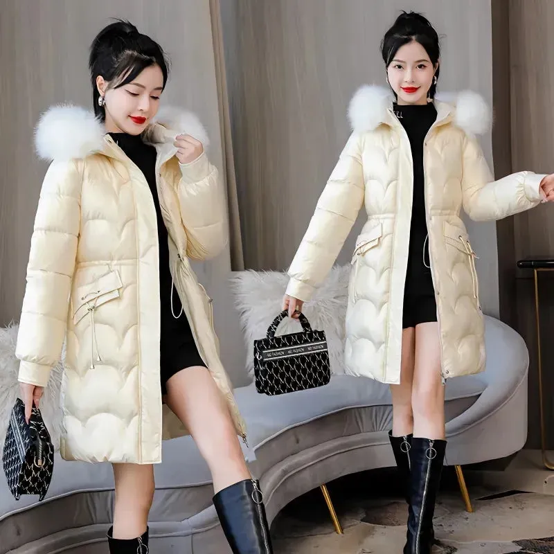 Women's Winter Down Jacket with Fur Collar Hooded Coat Cotton Padded Thick Overcoat