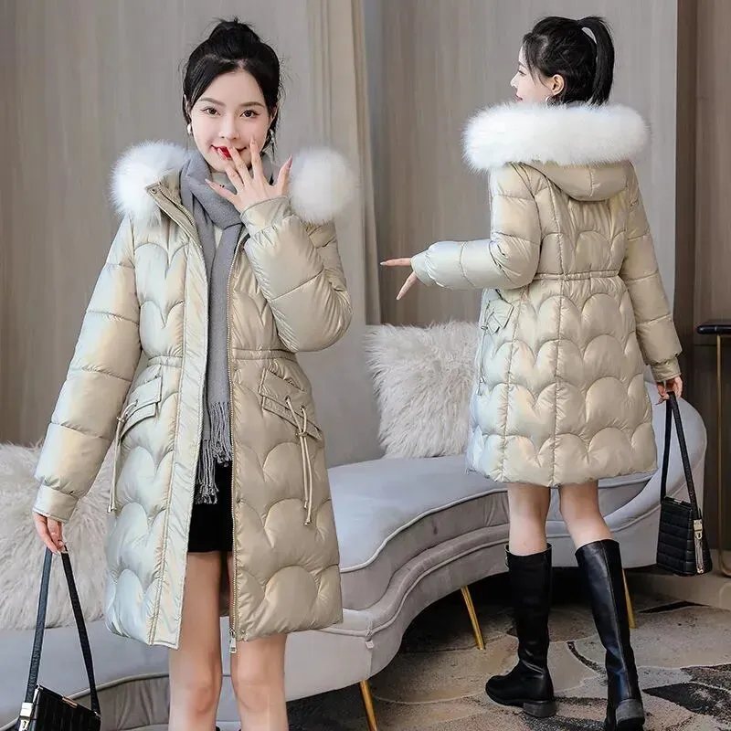 Women's Winter Down Jacket with Fur Collar Hooded Coat Cotton Padded Thick Overcoat