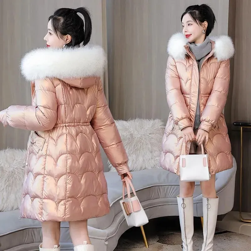 Women's Winter Down Jacket with Fur Collar Hooded Coat Cotton Padded Thick Overcoat
