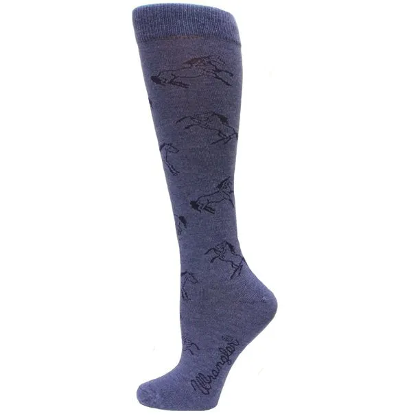 Women's Wrangler Denim Blue Printed Horses Knee High Boot Socks